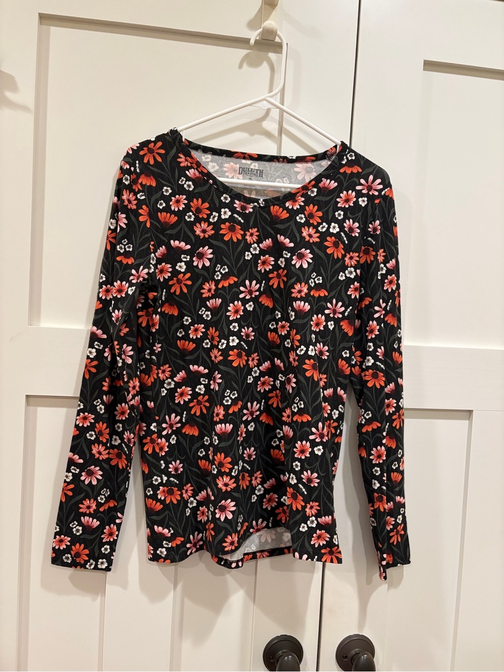 Duluth Trading Co Black Long-Sleeve Top with Pink & Orange Floral Print